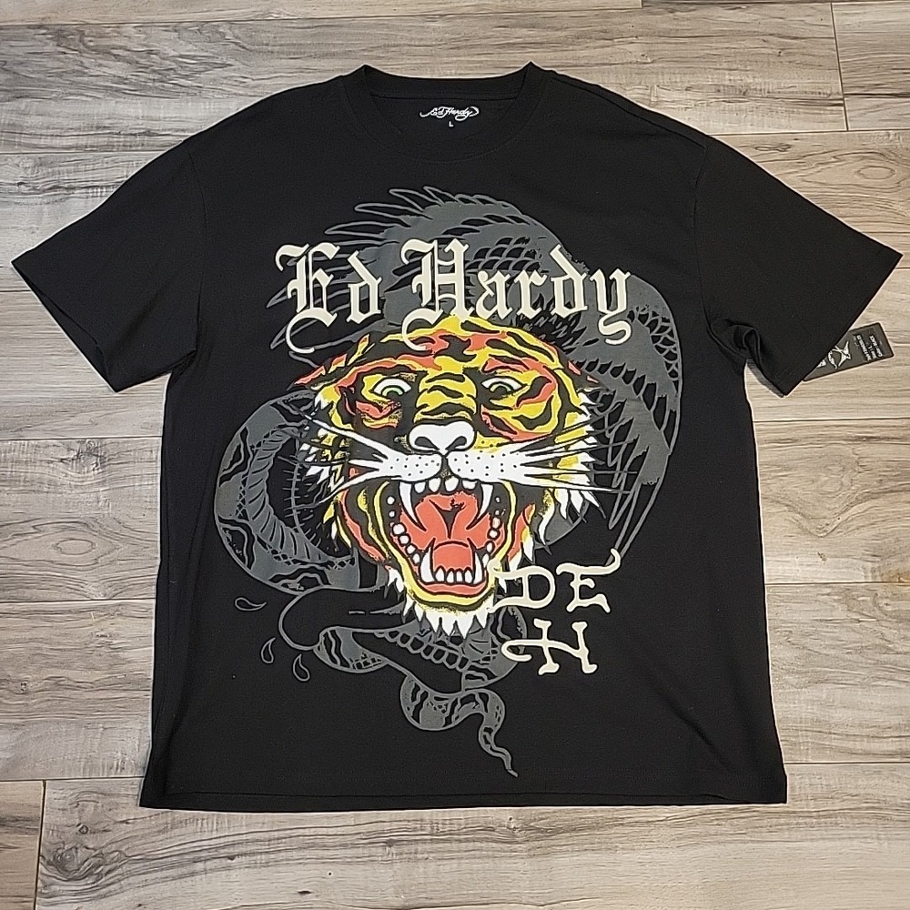Ed Hardy‎ Tattoo Tiger T-Shirt Retro Graphic Mens Size L Black NEW